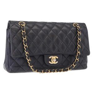CHANEL Matelasse 25 Double Flap Chain Bag Grained Calf Skin Navy Gold CC